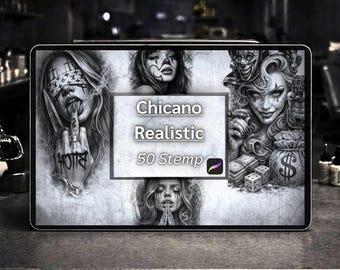 Pinceles para tatuajes Procreate Chicano Realista / Set de 50 sellos para tatuajes negros y grises