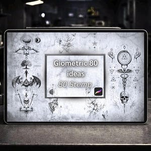 May include: A digital tablet shows a grayscale design with geometric and occult illustrations. The text "Giometric 80 ideas 80 Stemp" is centered within a rectangular frame. The background features various symbols and drawings.