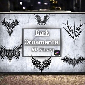 May include: A digital tablet shows a collection of black, ornamental stamps with gothic designs. The stamps have intricate, sharp lines. The text "Dark Ornamental 50 Stamp" is displayed on the screen.
