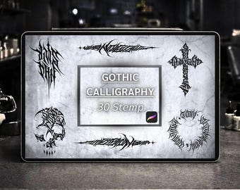 Conjunto de tatuajes PNG de caligrafía gótica, símbolos de letras oscuras, escritura tribal en blackwork, 30 diseños para descargar digitalmente
