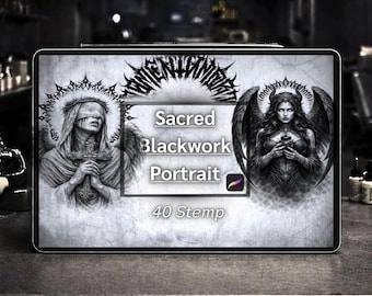 Pinceles para Procreate de retratos sagrados en Blackwork: set de sellos de tatuajes religiosos góticos (40 pinceles)