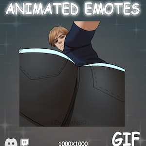 May include: An animated digital illustration featuring the text ANIMATED EMOTES at the top and GIF at the bottom. The central graphic shows a character with light brown hair wearing a dark blue shirt, positioned behind large dark gray pants.