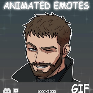 Puede incluir: Una ilustración digital de una persona con cabello castaño corto y barba, guiñando un ojo con una sonrisa. El texto ANIMATED EMOTES aparece arriba, con GIF y 1000x1000 abajo, junto a iconos de Discord y Twitch. El personaje lleva un cuello negro.