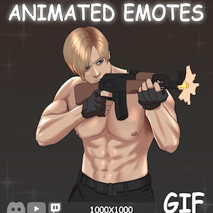 Pode incluir: Uma ilustração digital animada de um personagem sem camisa com cabelo loiro segurando um rifle preto e marrom com um clarão de boca. O texto ANIMATED EMOTES está no topo e GIF 1000X1000 na parte inferior com ícones de redes sociais.