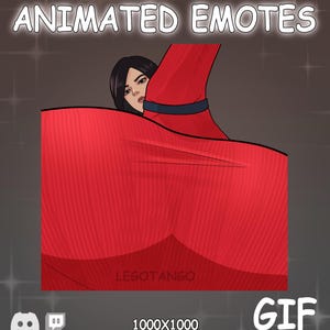 May include: An animated digital graphic featuring the text ANIMATED EMOTES at the top and GIF at the bottom. A character with dark hair is partially obscured by a large, textured red shape with a black band. The text LEGOTANGO is visible.