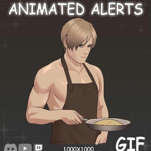 Könnte beinhalten: Eine animierte digitale Illustration einer hellhaarigen Figur mit brauner Schürze, die eine Pfanne mit Essen hält. Der Text ANIMATED ALERTS steht oben, 1000X1000 und GIF unten, zusammen mit Discord-, YouTube- und Twitch-Symbolen.