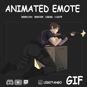 Pu&ograve; includere: Emote animata con un personaggio che mira con un fucile, inginocchiato dietro una cassa di legno. L'immagine include il testo "ANIMATED EMOTE" e "GIF", insieme alle icone dei social media e al nome utente "LEGOTANGO".