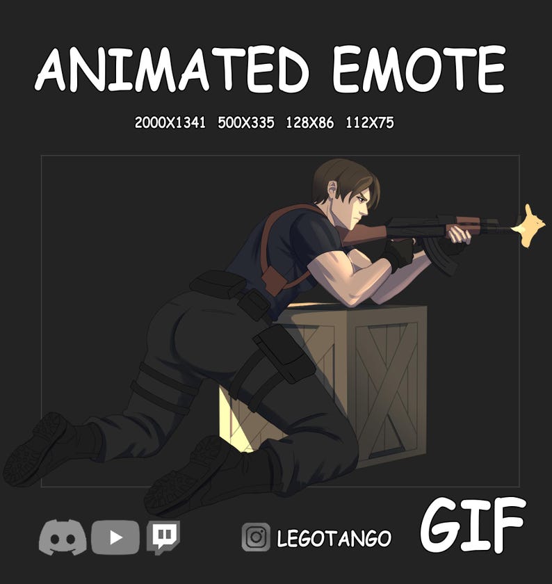 Pu&ograve; includere: Emote animata con un personaggio che mira con un fucile, inginocchiato dietro una cassa di legno. L'immagine include il testo "ANIMATED EMOTE" e "GIF", insieme alle icone dei social media e al nome utente "LEGOTANGO".