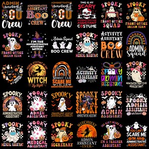 Puede incluir: Una colección de treinta diseños gráficos individuales con ilustraciones temáticas de Halloween de fantasmas, calabazas, brujas y arcoíris con textos como Admin Assistant, Boo Crew y Spooky, todo sobre un fondo negro sólido.