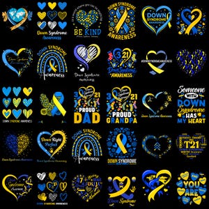 May include: A collection of thirty individual graphic designs on a black background, featuring blue and yellow color schemes, heart shapes, awareness ribbons, rainbows, and text related to Down Syndrome awareness, including phrases like Be Kind and Proud Dad.