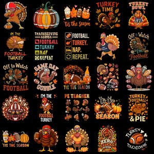 Pode incluir: Uma coleção de vinte e cinco designs gráficos com perus de desenho animado, bolas de futebol americano, abóboras e folhas de outono em um fundo preto. Os designs incluem várias frases de texto como Turkey Time, Football Turkey e Tis the Season.