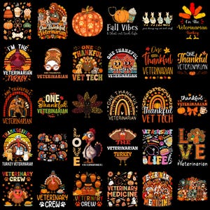 Puede incluir: Una colección de treinta diseños gráficos individuales que presentan pavos, calabazas, hojas de otoño y temas veterinarios con texto como One Thankful Veterinarian, Fall Vibes y Veterinary Crew, todo sobre un fondo negro sólido.