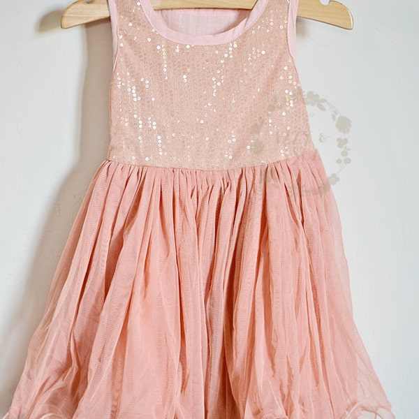Girl's Sequined Ballet Dress - Salmon Dress - Cream Peach Dress - Baptism Dress - Flower girl dress - Birthday Dress