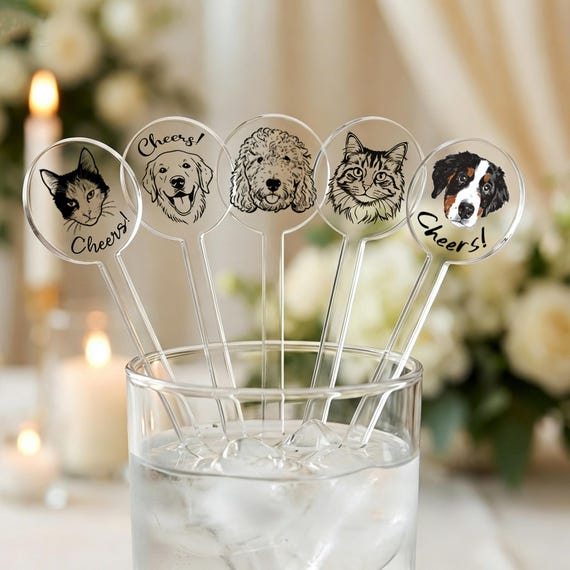 Custom Pet Drink Stirrers, Wedding Cocktail Stirrers with Dog & Cat Portraits