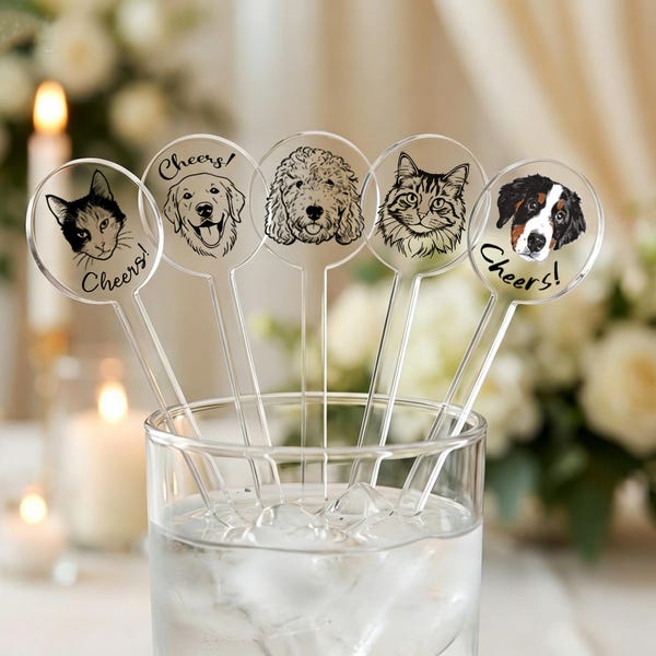 Custom Pet Drink Stirrers, Wedding Cocktail Stirrers with Dog & Cat Portraits