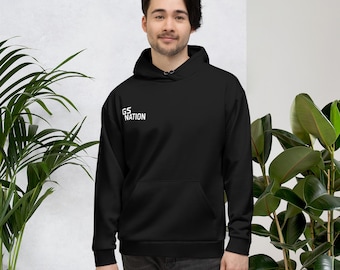 May include: Black hoodie with a front pocket and a hood. The white text "GS NATION" is printed on the upper left chest. The person in the image is wearing the hoodie. The hoodie is a casual style.