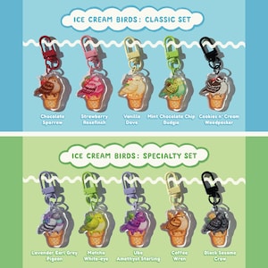 Puede incluir: Una colección de llaveros acrílicos con pájaros en conos de helado. El "Classic Set" incluye un gorrión de chocolate, un pinzón fresa, una paloma de vainilla, un periquito de menta y chocolate y un pájaro carpintero de crema y galletas. El "Specialty Set" incluye una paloma lavanda Earl Grey, un ojo blanco matcha, un estornino amatista Ube, un chochín café y un cuervo de sésamo negro.