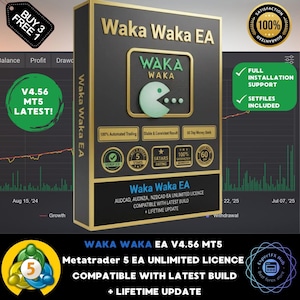 Può includere: Una scatola di prodotto con il testo "Waka Waka EA" in lettere dorate. La scatola presenta una grafica simile a Pac-Man e vari badge che indicano funzionalità come il trading automatizzato e una garanzia di rimborso. Il testo aggiuntivo include "V4.56 MT5 LATEST!" e "BUY 3 FREE 1".