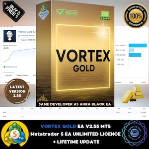 May include: A golden box with the text "VORTEX GOLD" and the words "EA V2.55 MT5" and "Metatrader 5 EA UNLIMITED LICENCE + LIFETIME UPDATE". The image also includes charts, graphs, and the text "BUY 3 FREE 1".