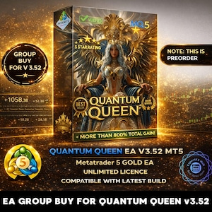 May include: A product box with the text "QUANTUM QUEEN" and a graphic of a woman on a throne. The box also includes the text "EA V3.52 MT5" and "UNLIMITED LICENCE". The image has a gold and black color scheme.