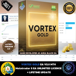 May include: A gold-toned box with the text "VORTEX GOLD" and a neon-style square frame. The box has the text "SAME DEVELOPER AS AURA BLACK EA" and "LATEST VERSION 2.0". Additional graphics include charts, gold bars, and a "BUY 3 FREE 1" promotion.