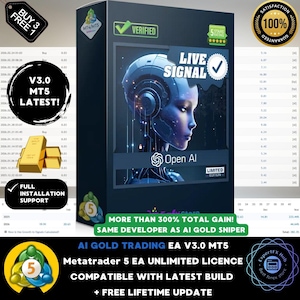 Può includere: Scatola di prodotto con una grafica di donna AI futuristica, con le parole "LIVE SIGNAL" e "Open AI." Il testo include "V3.0 MT5 LATEST!" e "AI GOLD TRADING EA V3.0 MT5." La scatola promette "MORE THAN 300% TOTAL GAIN!"