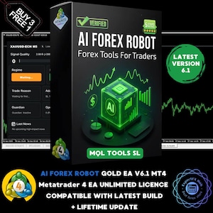 Może przedstawiać: Pudełko produktu dla robota AI Forex, z zielonym i czarnym designem. Na pudełku widnieje napis "AI FOREX ROBOT" i "Forex Tools For Traders". Widoczna jest również zielona grafika sześcianu z literami "AI". Najnowsza wersja to 6.1.