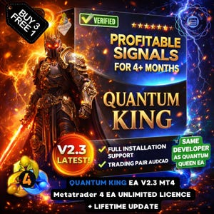 May include: A promotional graphic for "Quantum King EA V2.3 MT4" featuring a warrior figure with a glowing sword. Text includes "Profitable Signals for 4+ Months" and "Unlimited License + Lifetime Update." The image has a fiery, digital art style.