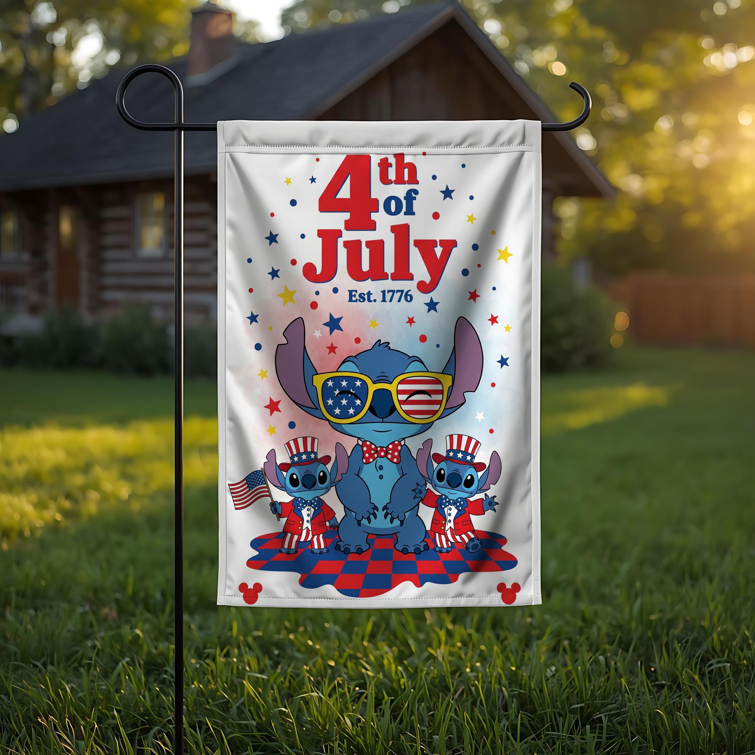 Discover Disney Stitch Patriotic Garden Flag, 4th of July, American Flag, Independence Day, Stars and Stripes