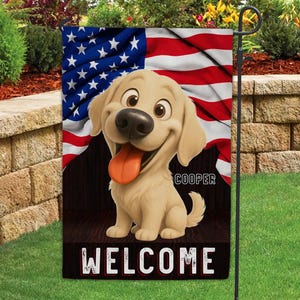 May include: A garden flag with a cartoon golden retriever and an American flag design. The flag has the name "COOPER" and the word "WELCOME" in white, bold letters. The flag is designed for outdoor use.