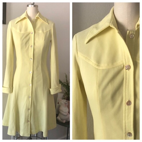 VTG 1970s Lemon Yellow shirt dress