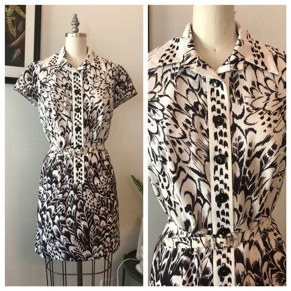 1960s pheasant feather print dress