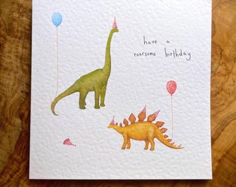 Biglietto di compleanno con dinosauri - Biglietto ad acquerello dipinto a mano - Simpatico biglietto di compleanno ruggente - Divertente biglietto con dinosauri - Biglietto di compleanno unico nel Regno Unito