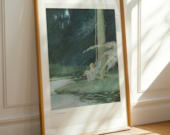 L'usignolo di Ida Rentoul Outhwaite - Illustrazione di un libro di fiabe vintage, stampa fantasiosa, decorazione murale per cameretta dei bambini, bosco delle fate