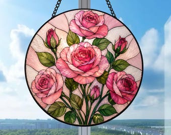 Pink Rose Stained Glass Suncatcher, Floral Window Hanging, Rose Garden Decor, Botanical Home Accent, Flower Lover Gift