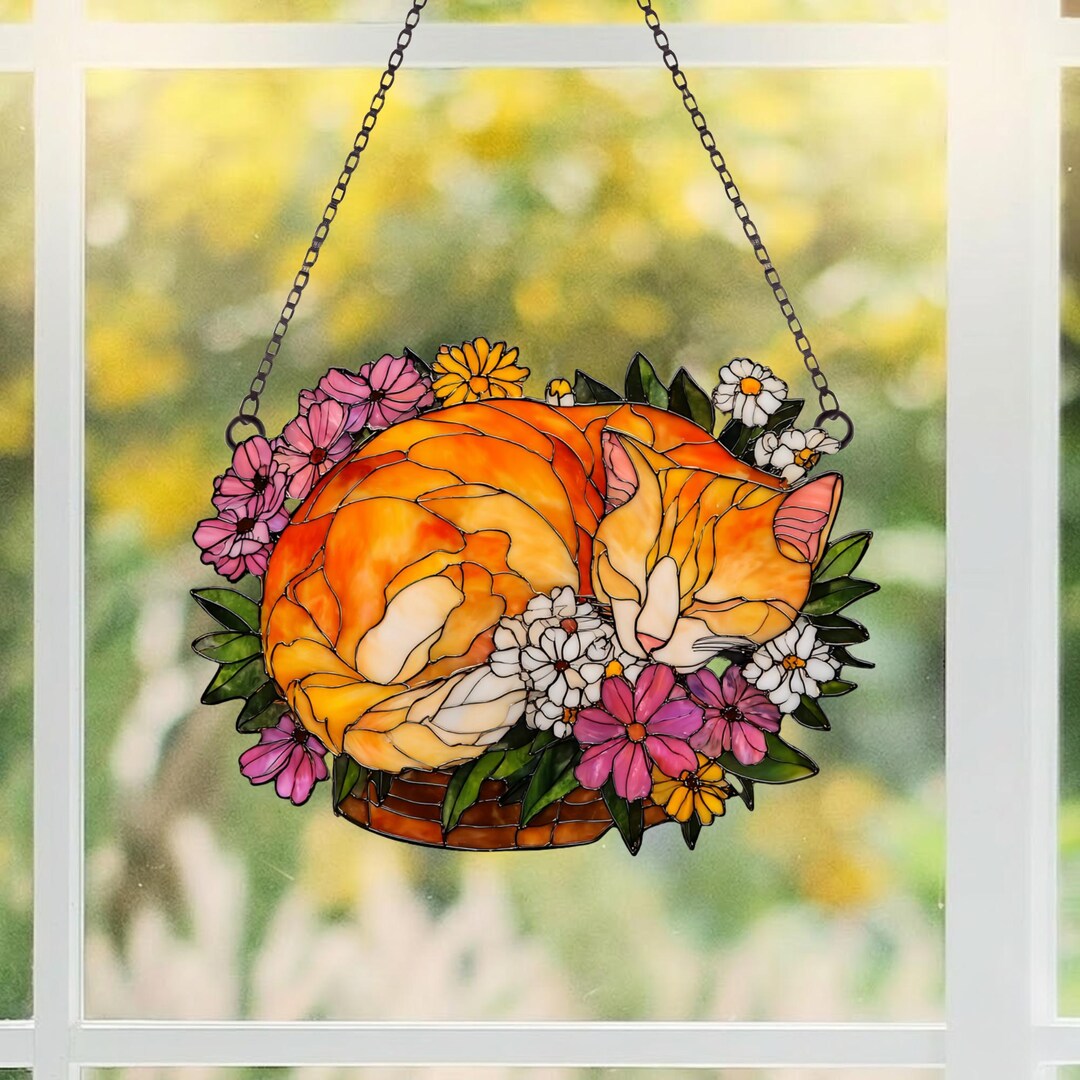 Sleeping Orange Tabby Cat Suncatcher, Faux Stained Glass Floral Basket ...