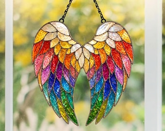Angel Wings Acrylic Suncatcher, Rainbow Memorial Gift, Faux Stained Glass Decor
