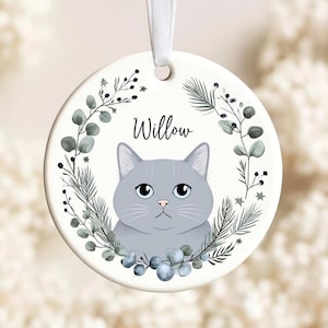 Personalized Gray Cat Ceramic Ornament, Custom Cat Name Ornament, Botanical Christmas Pet Gift, Cat Lover Keepsake