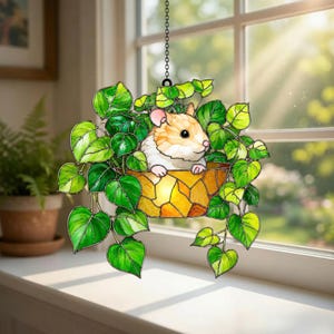 Atrapasueños acrílico con forma de planta de hámster, adorno colgante para ventana con forma de hámster, decoración colgante con maceta de imitación de vidriera, regalo para amantes de las mascotas