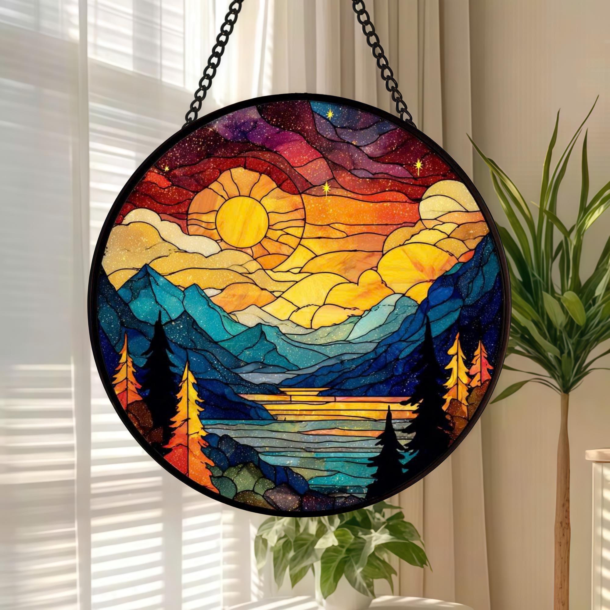 Mountain Sunset Stained Glass Suncatcher, Round Landscape Window Hanging, Nature Lake Forest Decor, Cabin Lover Gift