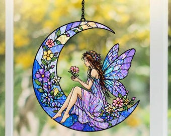 Fairy Moon Acrylic Suncatcher, Fantasy Fairy Window Hanging, Magical Decor