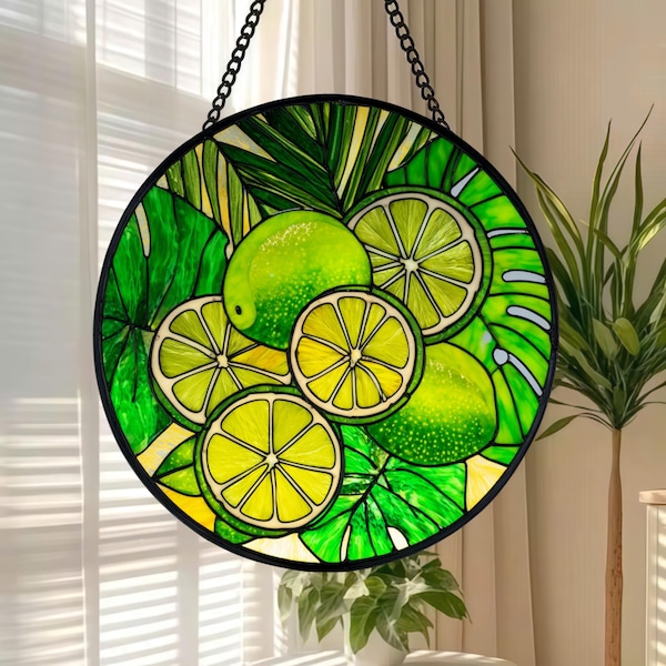 Lime Glass Suncatcher, Citrus Fruit Window Hanging, Stained Glass Kitchen Decor, Tropical Botanical Gift