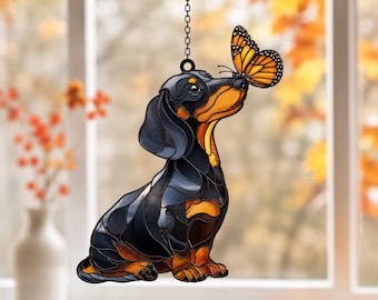 Dachshund Acrylic Suncatcher, Dachshund with Monarch Butterfly Window Hanging, Stained Glass Style Dog Decor, Dachshund Lover Gift