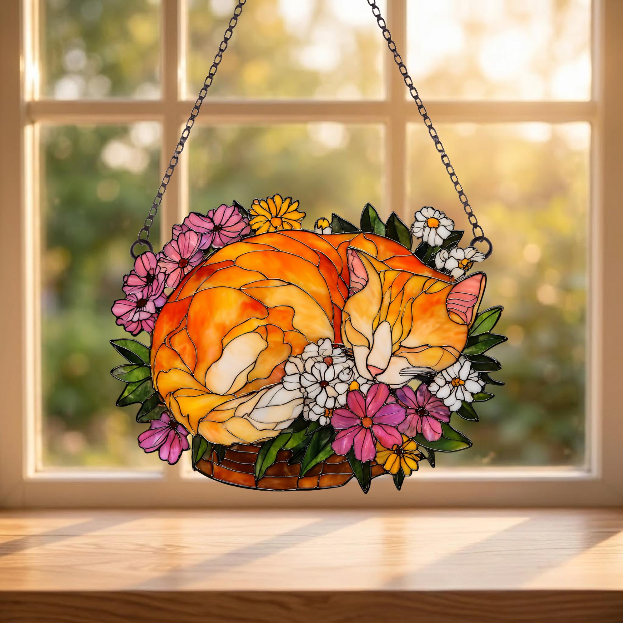 Sleeping Orange Tabby Cat Suncatcher, Faux Stained Glass Floral Basket ...