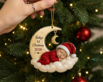Personalized Baby's First Christmas Ornament 2026, Sleeping Baby Moon Acrylic Ornament, Newborn Christmas Keepsake