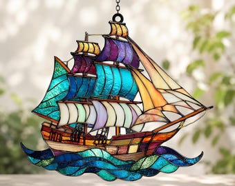 Sailing Ship Acrylic Suncatcher, Nautical Decor, Faux Stained Glass Ocean Gift