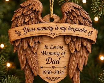 Personalized Dad Memorial Wooden Ornament, Angel Wings Remembrance Keepsake, In Loving Memory Christmas Ornament