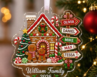 Personalized Family Acrylic Ornament 2026, Custom Family Name Christmas Ornament, Gingerbread House Decor, Family Christmas Gift