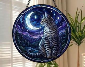 Moonlit Cat Stained Glass Suncatcher, Night Sky Window Decor, Mystical Cat Lover Gift