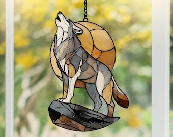 Howling Wolf Acrylic Suncatcher, Wolf Moon Window Hanging, Wildlife Decor Gift